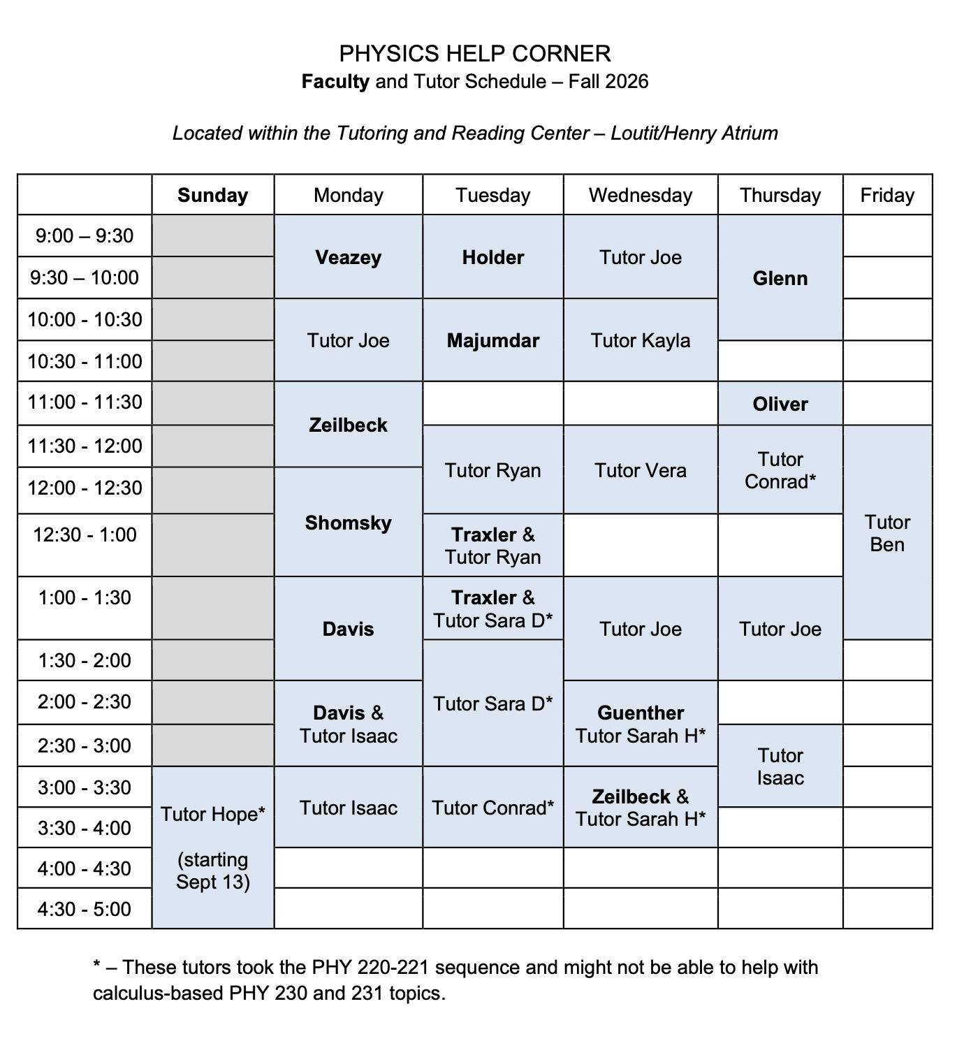 F2026 weekly schedule for the Physics Help Corner  (accessible version available at tutoring website)
